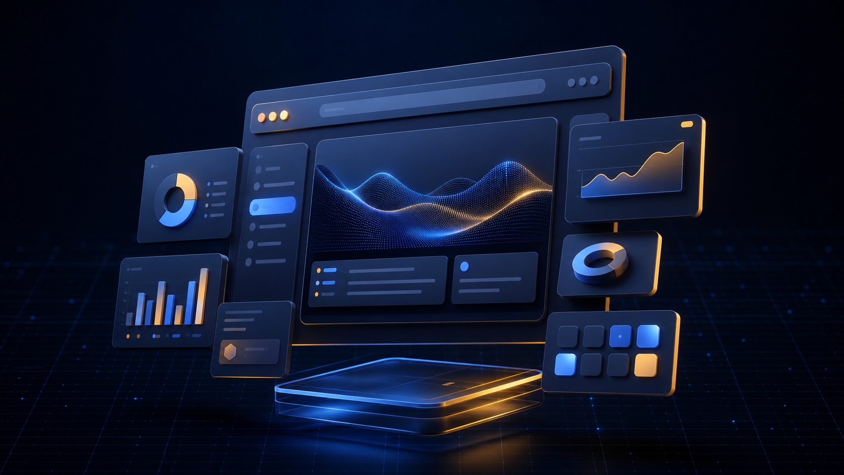 Modular web application dashboard floating above a technical grid