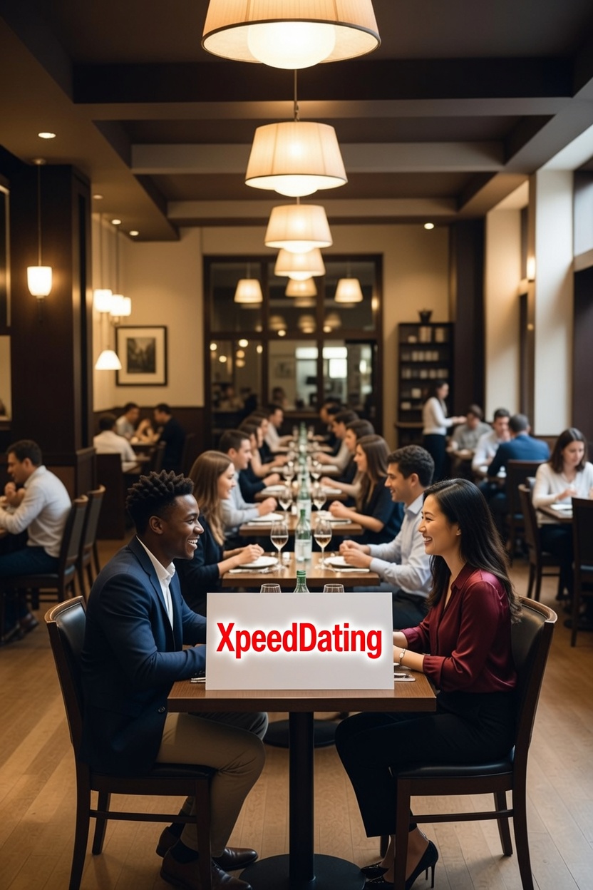 Guests talking across tables at a XpeedDating event